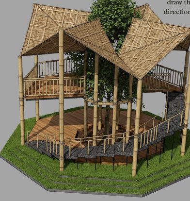 Octagonal bamboo pavilion built around a living tree