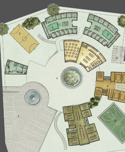 Brikshya school design — radial masterplan around a central courtyard