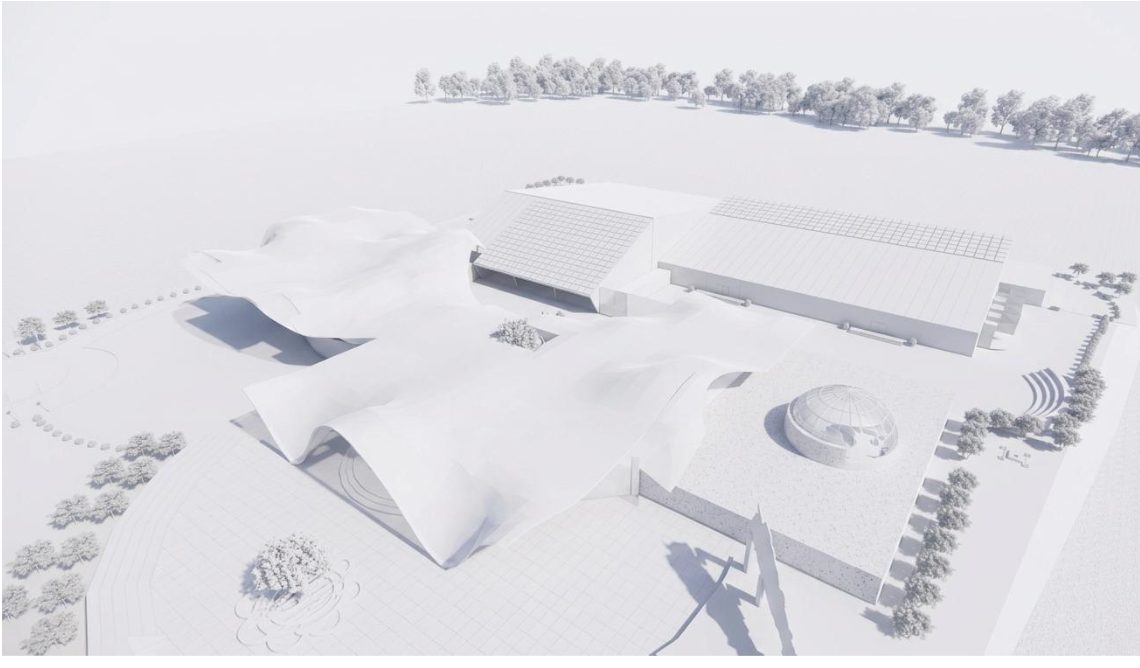 Sangam convention centre — white aerial massing render