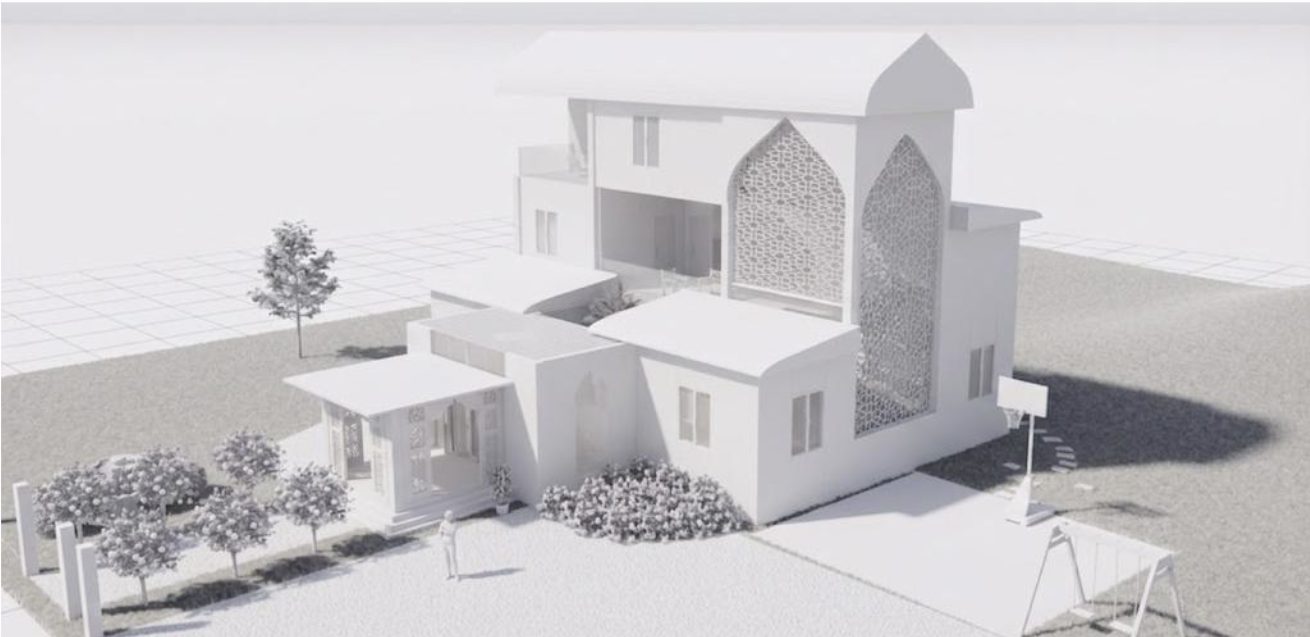 Sujud residence — white massing render with geometric screens