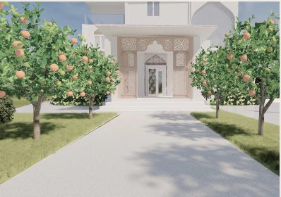 Porch entrance framed by fruit trees